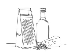 Minimalist line drawing of olive oil bottle alongside a classic box cheese grater and cheese