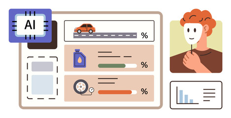 Digital system evaluating car performance metrics with charts, AI chip, human holding mask. Ideal for AI, technology, automotive, data analysis, innovation, maintenance simple flat metaphor