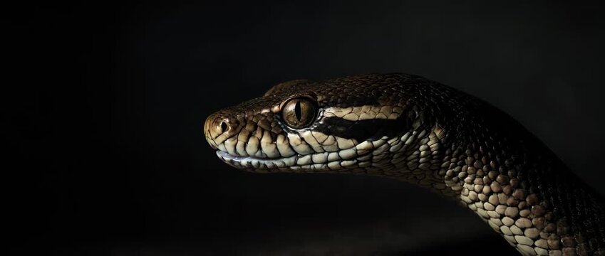Macro slow-motion video of a snake's forked tongue flicking, sensing its environment. Glistening scales on a dark background
