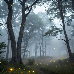 A mysterious forest cloaked in fog, illuminated by flickering fireflies
