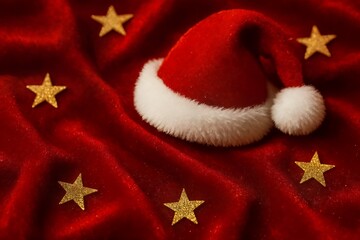 Santa Hat on Red Velvet with Golden Stars