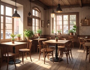 Fototapeta premium Cozy interior of a cafe with wooden furniture, sunlight, and potted plants