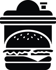 Stylized silhouette of a burger inside a takeout container