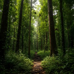 Obraz premium Lush Green Tranquil Forest Path Through Dense Trees with Sunlit Foliage and Deep Shadows