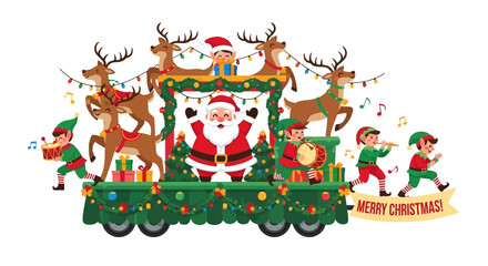 Santa's Festive Christmas Parade Float with Reindeer and Elves Spreading Holiday Cheer