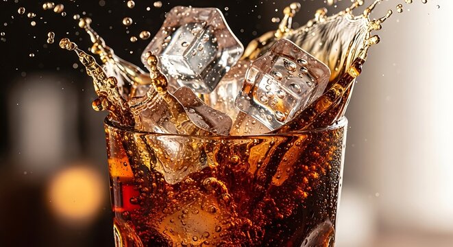 Refreshing Dark Beverage Splashing with Ice Cubes in Glass Cup Close-up View Cool Drink Concept