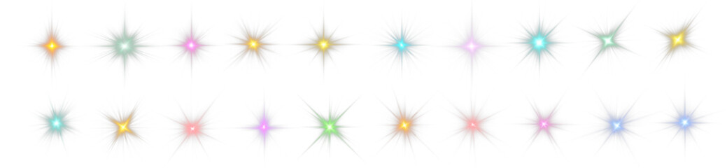 Bright colorful star PNGs with transparent glow and sparkling accents. Radiant beams and luminous highlights create dynamic, magical visuals. Ideal for digital art, festive designs.