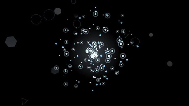 Abstract spiral of glowing particles and geometric shapes on a dark background