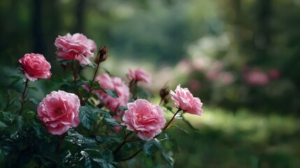 Obraz premium Delicate pink roses in full bloom set against a soft blurred garden background with gentle sunlight