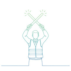 Airport Marshaller Ground Crew Signaling Stop with Light Wands Line Art Illustration