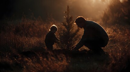 Father and child plant a small tree in a field during warm golden hour light