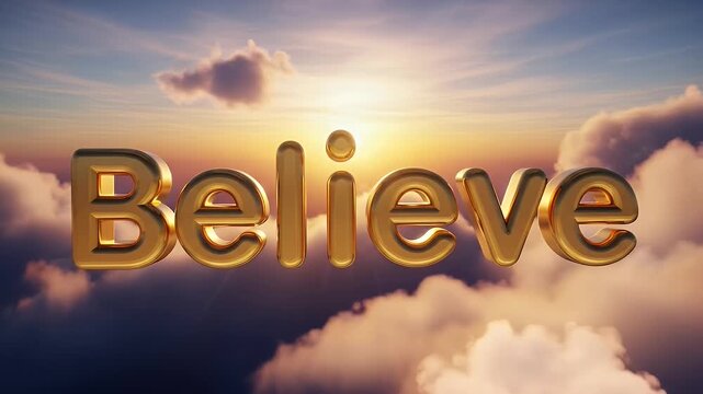 Golden believe text floating amongst cumulus clouds and sunlight in a dramatic sky