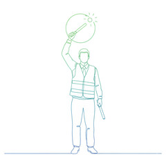 Line Art Airport Ground Staff Directing Aircraft with Marshalling Wands Illustration