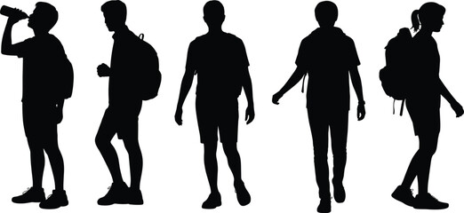 Backpack silhouette illustration, students walking standing poses, travel lifestyle vector, hiking commuter artwork, casual design, isolated black human figure graphic