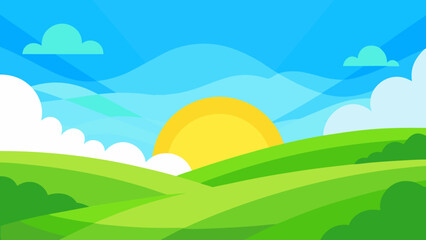 Obraz premium Cartoon Landscape with Green Hills and Bright Blue Sky Illustration