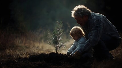 Grandfather and child planting a young tree together symbolizing growth and nature s continuity in warm morning light