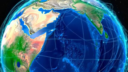 A digital earth globe with glowing lines and dots illustrating global interconnectedness and communication - Powered by Adobe