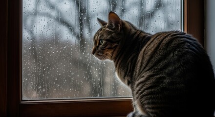 Striped tabby cat looking out a rainy window