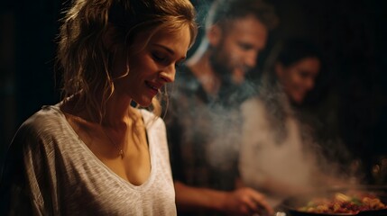 A woman smiles contentedly while a man and others prepare a delicious dinner together in a cozy kitchen with steam rising from the food