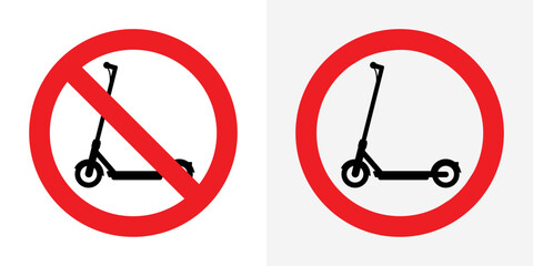 No electric scooter sign. Prohibition symbol with scooter icon in red circle. Vector illustration isolated on white background.