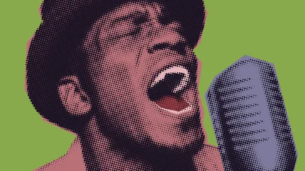 Pop art style portrait of a jazz and blues singer passionately performing with microphone © swillklitch
