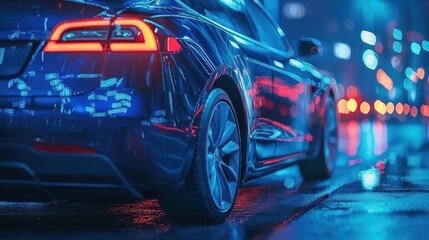 Electric car night city drive, blurred lights background, transportation image