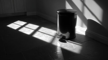 Sunlit Window Shadows Across a Dusty Floor and a Black Can in a Dim