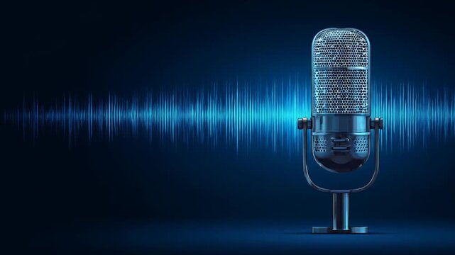 Modern microphone recording audio on digital sound wave background