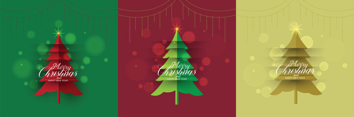 Set of merry Christmas tree on green, red and gold in paper cut background