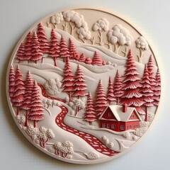Three-dimensional winter landscape with red trees and house  3d Christmas wood carving 
