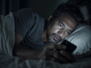 Man using smartphone while lying in bed at night  Latino