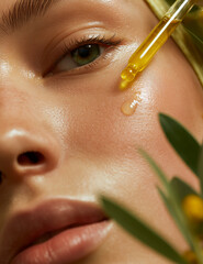 Closeup of woman applying facial oil with dropper on glowing skin  