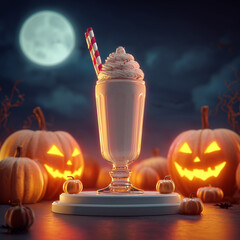 Halloween milkshake with whipped cream and pumpkin decorations  