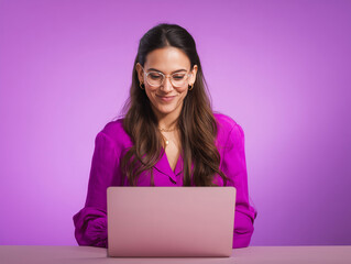 Smiling woman working on laptop in purple office environment  