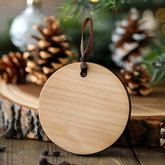 Wooden round ornament with ribbon on rustic table with pinecones  