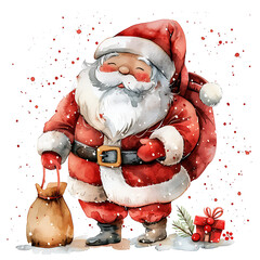 Jolly Santa Claus smiling with sack of gifts amid snowflakes  