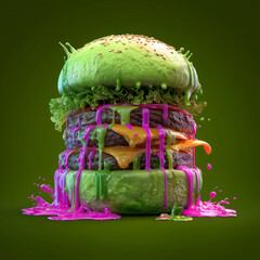 Vivid burger with green bun and colorful dripping sauces on dark background  slime stylize