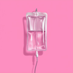 Medical IV bag with fluid on pink background  