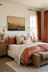 Modern bedroom with orange accents and natural decor in daylight  