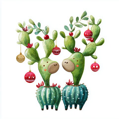 Whimsical cactus characters with ornaments for holiday decoration  