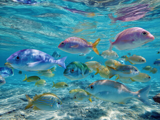 Colorful fish swimming in clear blue water underwater scene  