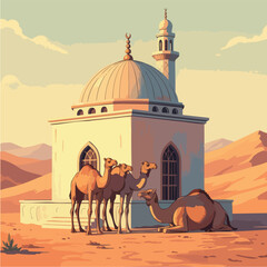 A group of dromedary camels resting near a traditional desert building.