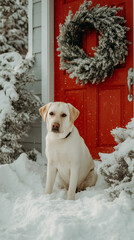 Labrador dog sitting in snow by red door with wreath  