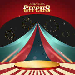 Luxurious circus background with a golden podium, tent, spotlights, and fireworks. Perfect for announcements, invitations, and events. Vector.  © Uliya
