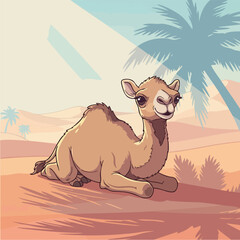 Adorable cartoon baby camel resting on the ground.