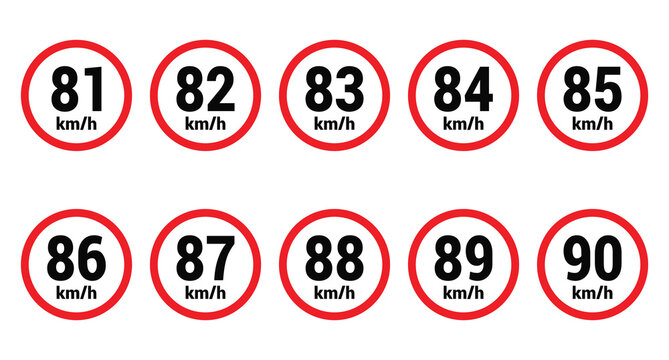 Speed limit sign 81, 82, 83, 84, 85, 86, 87, 88, 89 and 90 km h icon vector design illustration