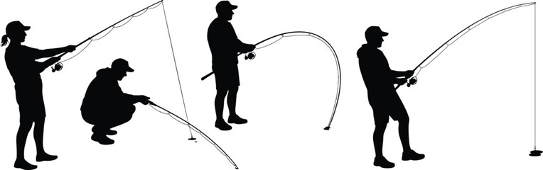Fishing silhouette illustration, people with rods, casting reeling figures, outdoor activity vector, lifestyle design, isolated black artwork, angler posture graphic