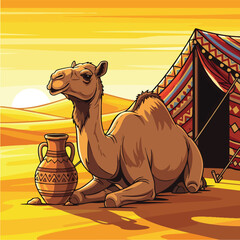 Camel Resting by Tent and Vase in Desert Landscape.