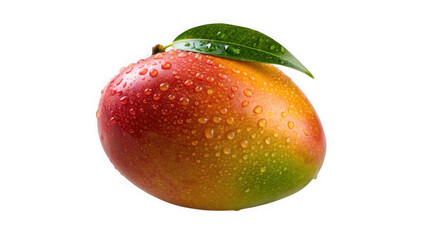 Ripe mango with water droplets and a leaf isolated on transparent background