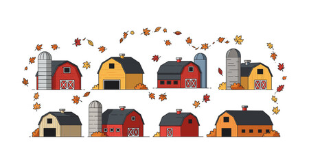 Charming farmhouse barns with autumn leaves